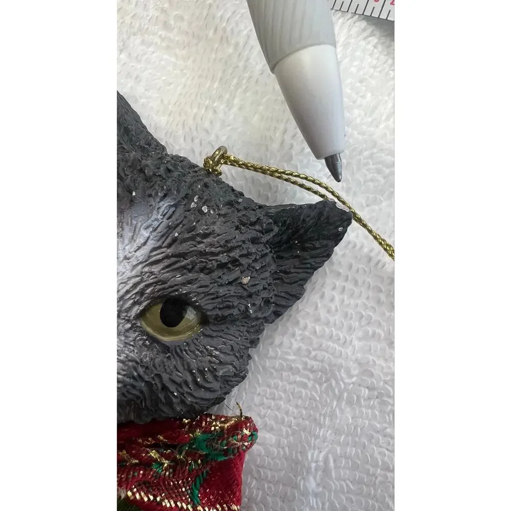Vintage Style Tuxedo Cat Christmas Ornament Plaid Bow Jingle Bells 5” Chipped